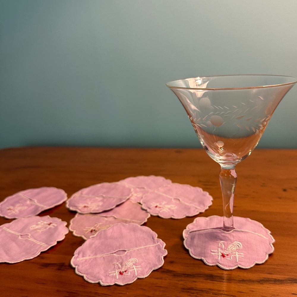 1940s-50s Vintage Pale Lavender Rooster Wine Coasters - Wine Slippers - Set of 8